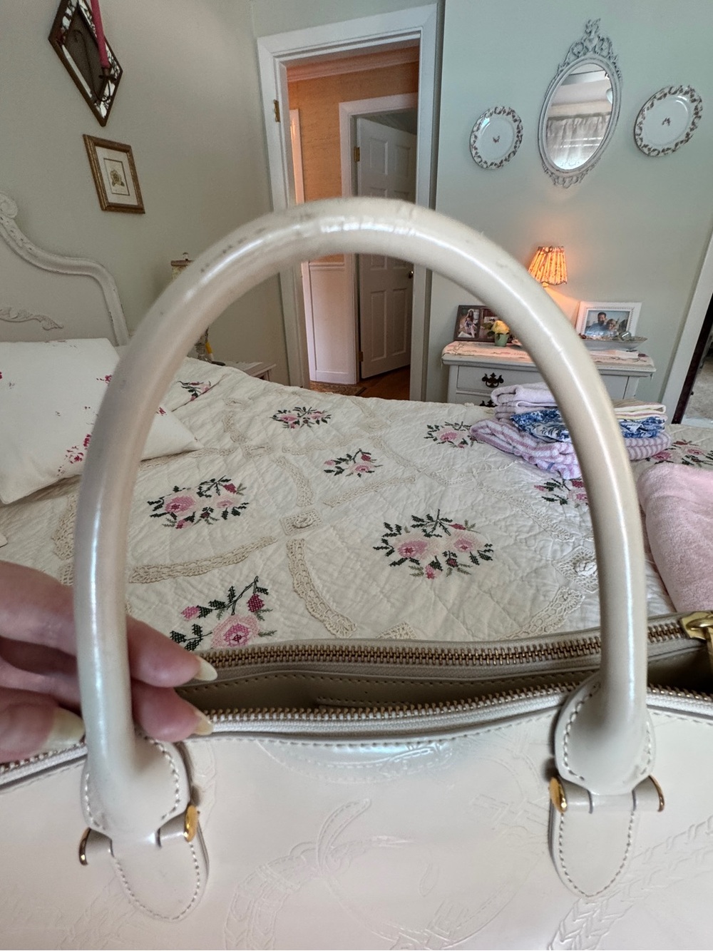 Ralph Lauren “Taylor, Belti Double-Zip Embossed Leather Satchel” in Ivory - Picture 11 of 17